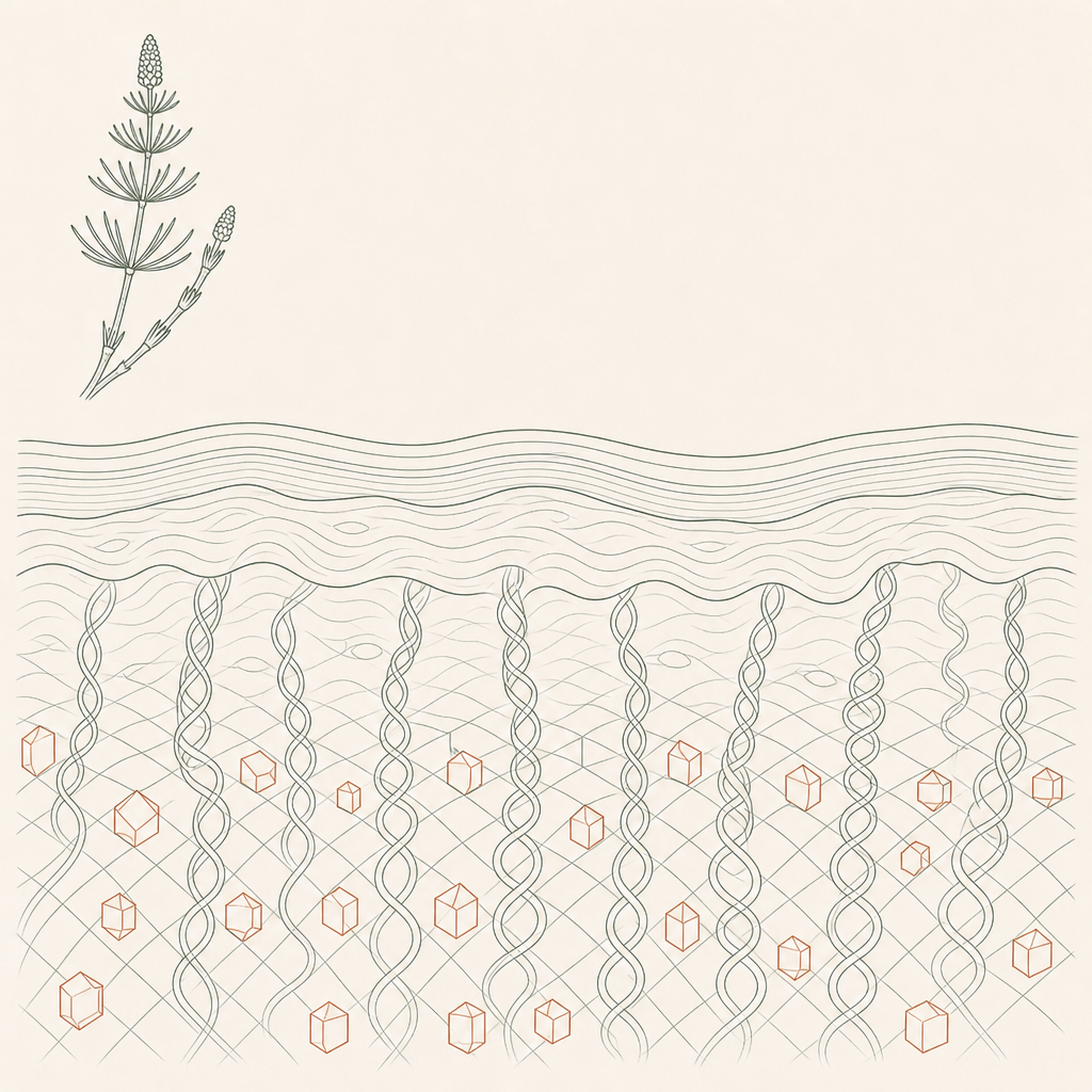 Ink illustration of silica crystals within deep skin layers building a collagen lattice