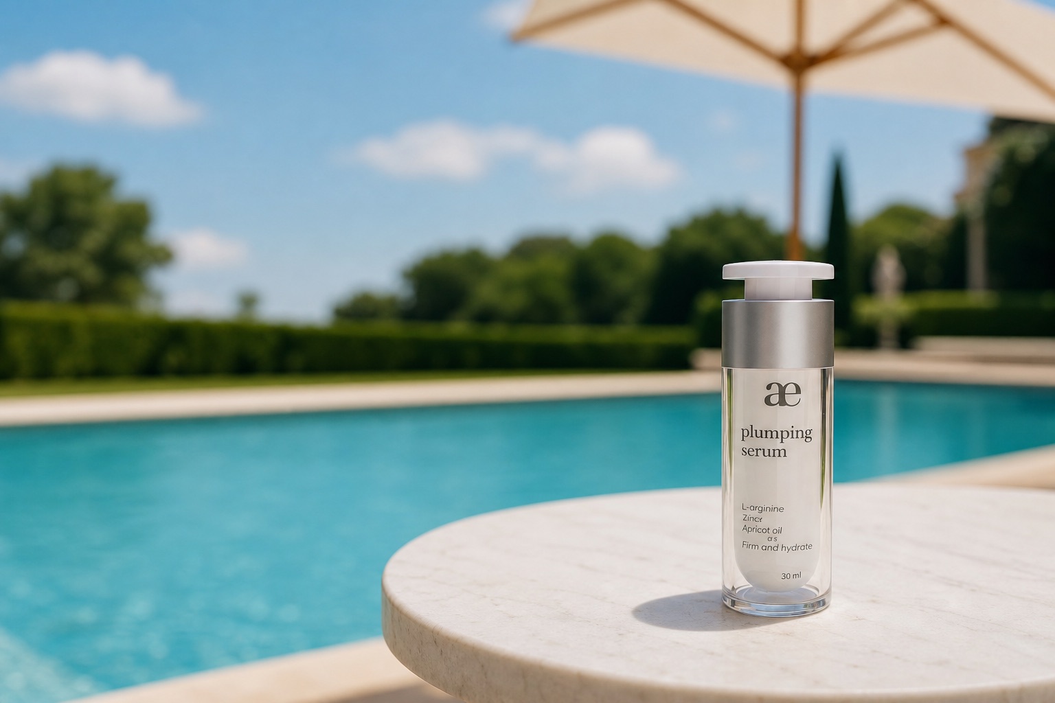 AE Plumping Serum on a marble table by the pool
