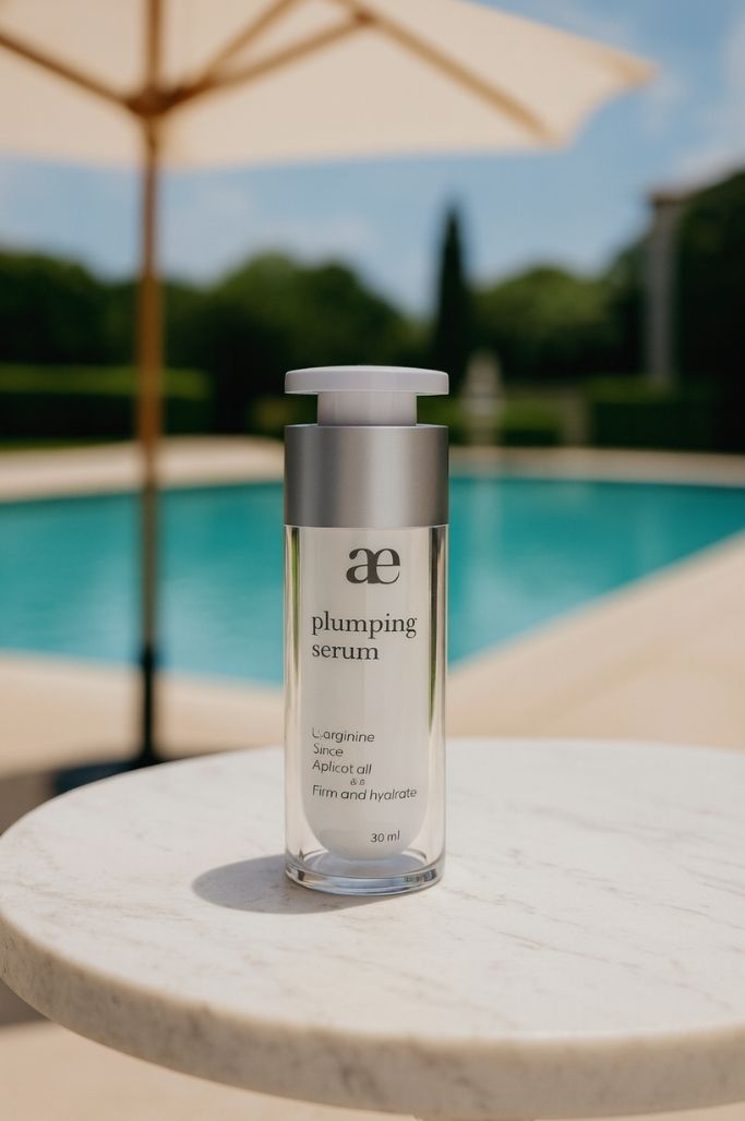 AE Plumping Serum on a marble table by the pool